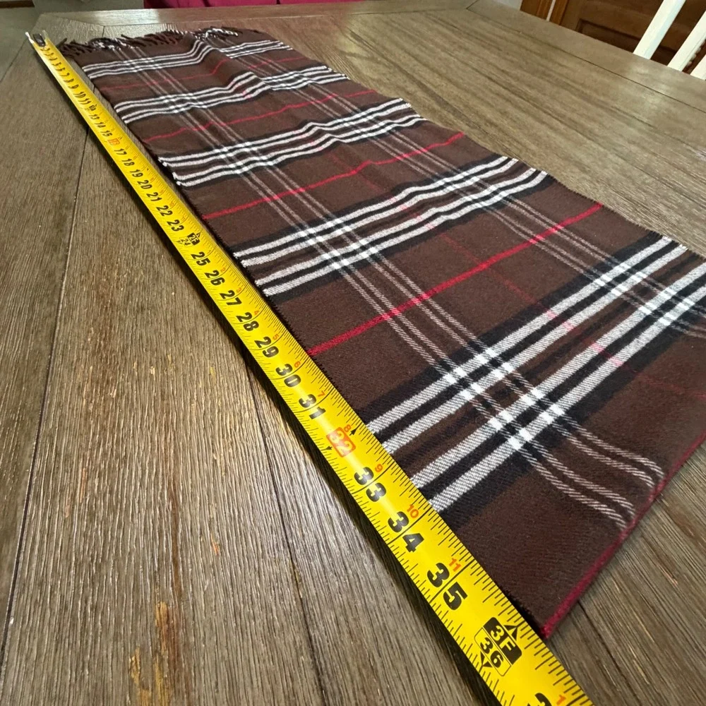 100% Cashmere Scarf Brown Plaid Made in Scotland Fringed Winter Neckwear